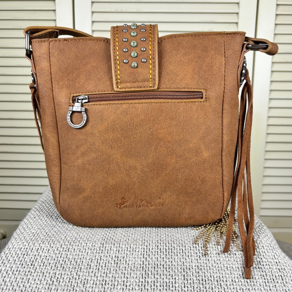 Montana West Brown Crossbody Modernist Fringe Purse Turquoise Concho Chain Bag - Picture 4 of 7